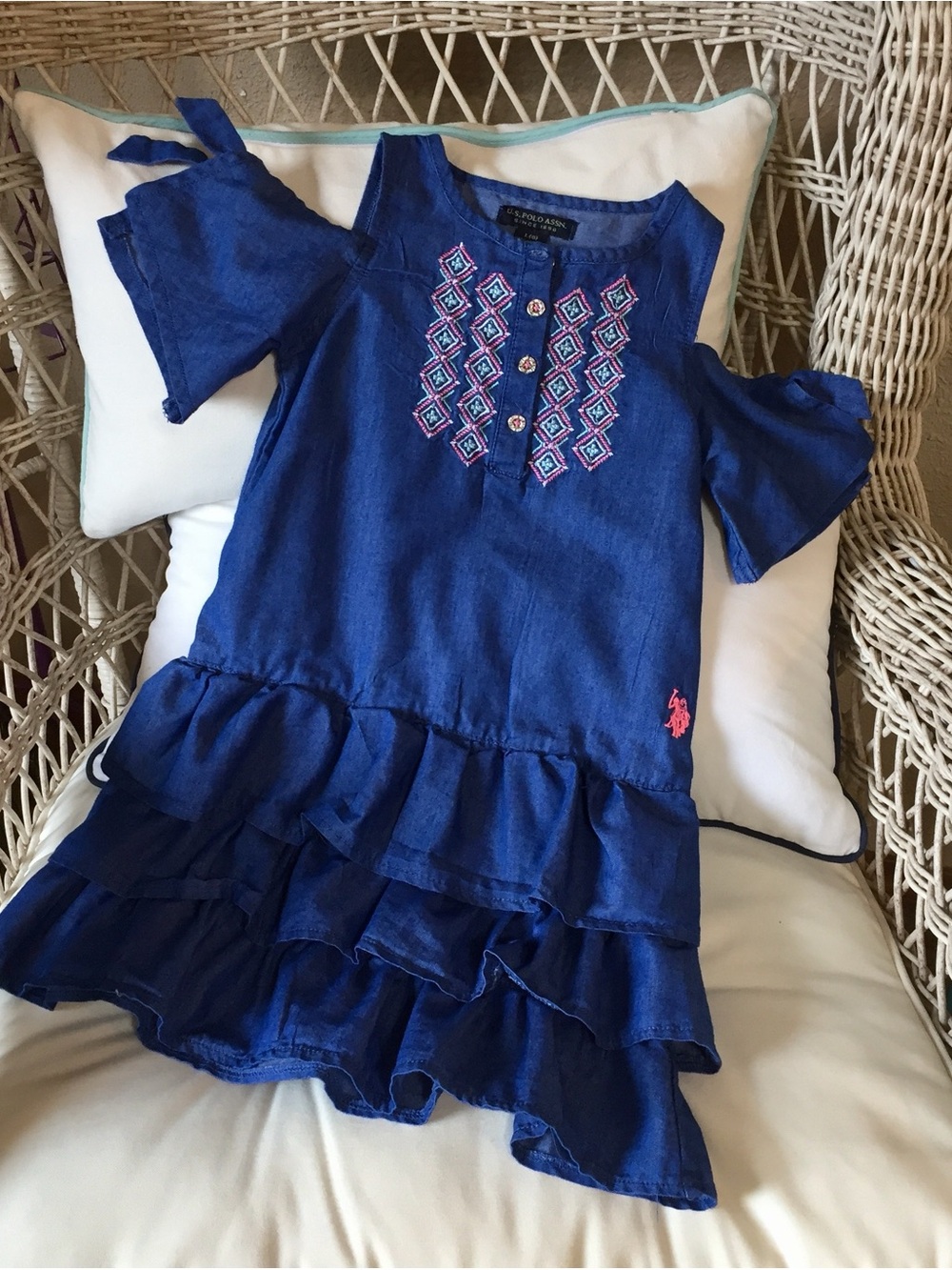 U.S. Polo Assn. Girls' Blue Embroidered Ruffle Dress